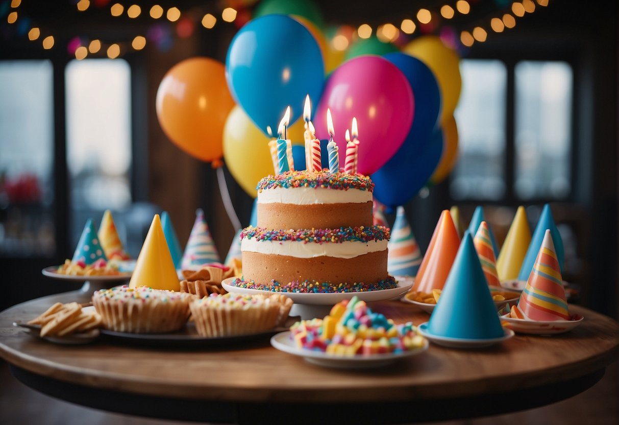 A table set with a colorful array of party hats, balloons, and a large birthday cake with 93 candles. Gifts wrapped in bright paper are piled nearby