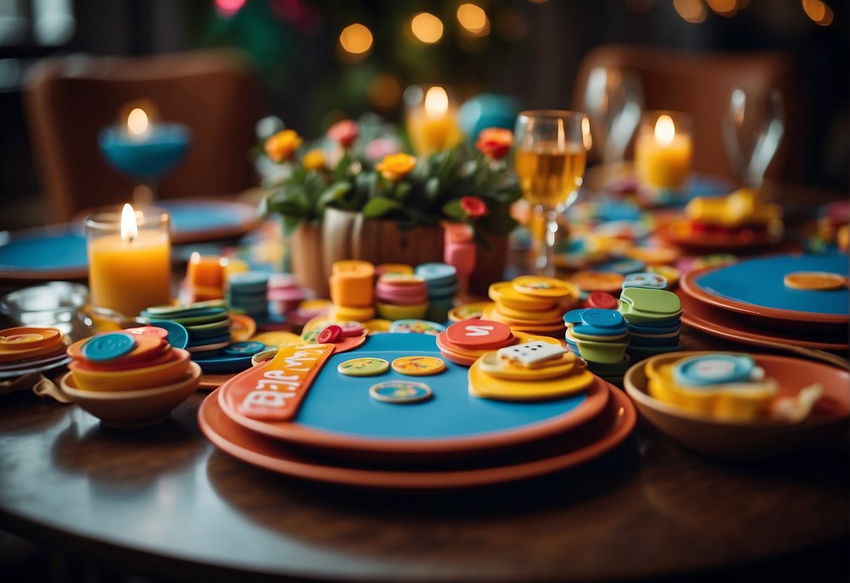 A table set with colorful decorations and a variety of games and activities spread out, ready for a lively 93rd birthday celebration