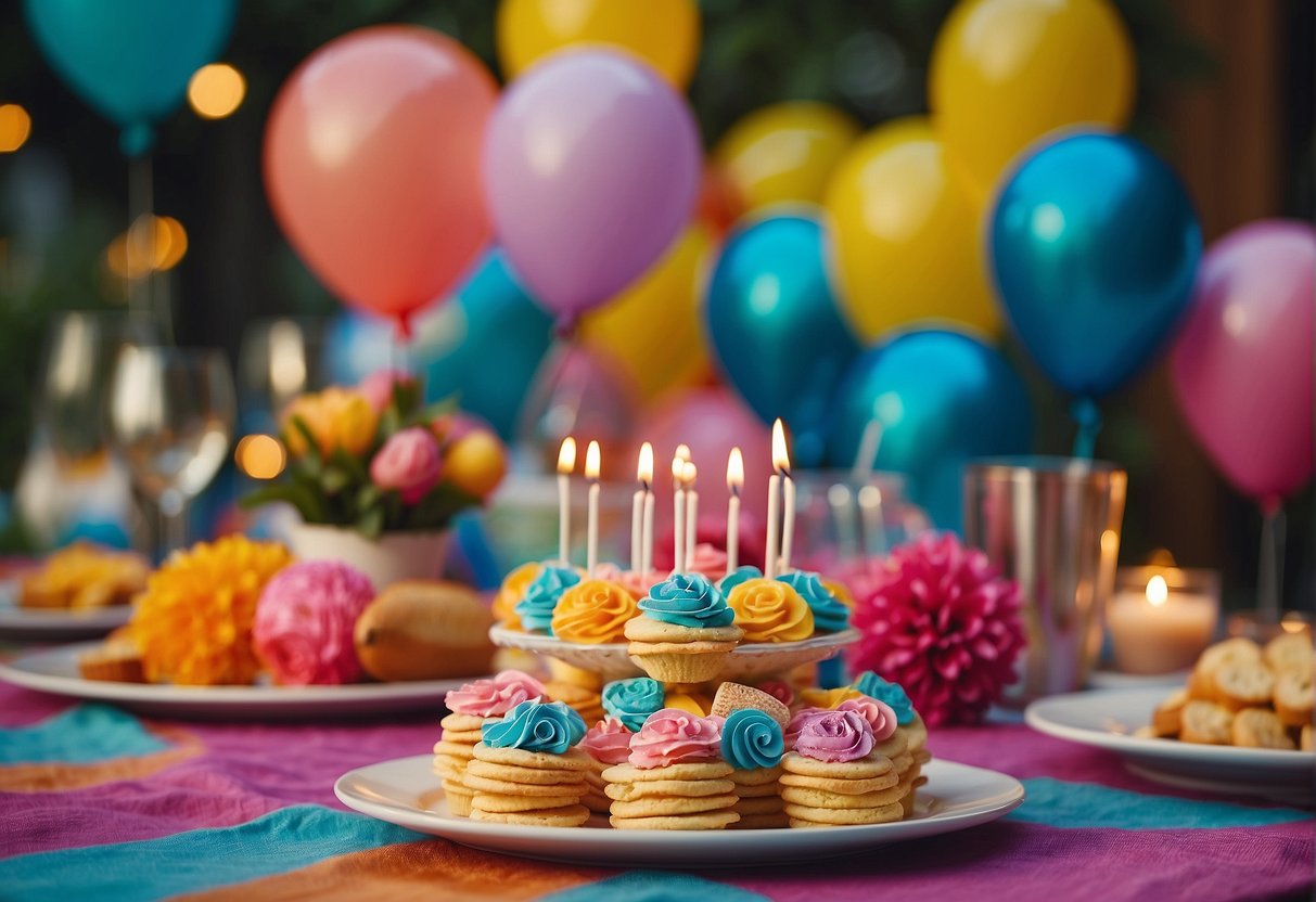 A colorful table set with a variety of unique gifts and activities for a 93rd birthday celebration