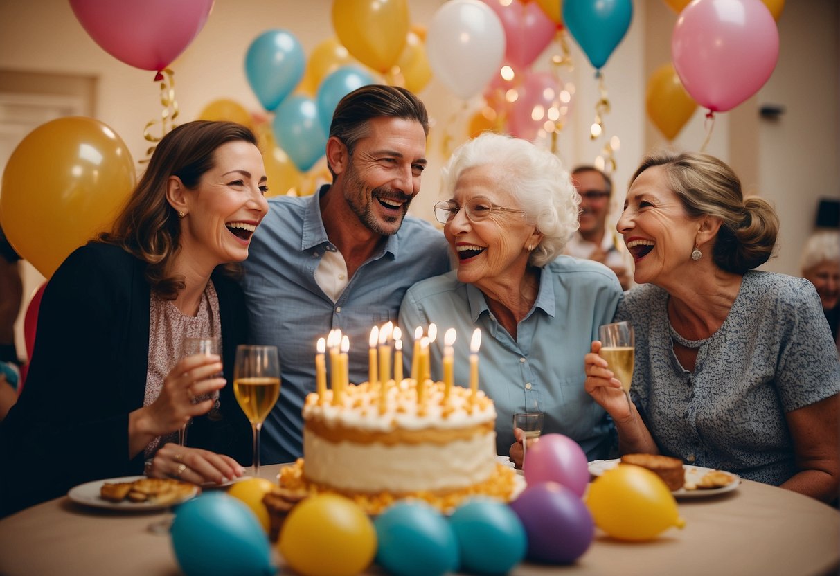 Guests laughing, sharing stories, and enjoying cake at a lively 93rd birthday celebration. Balloons and decorations adorn the room, creating a festive atmosphere