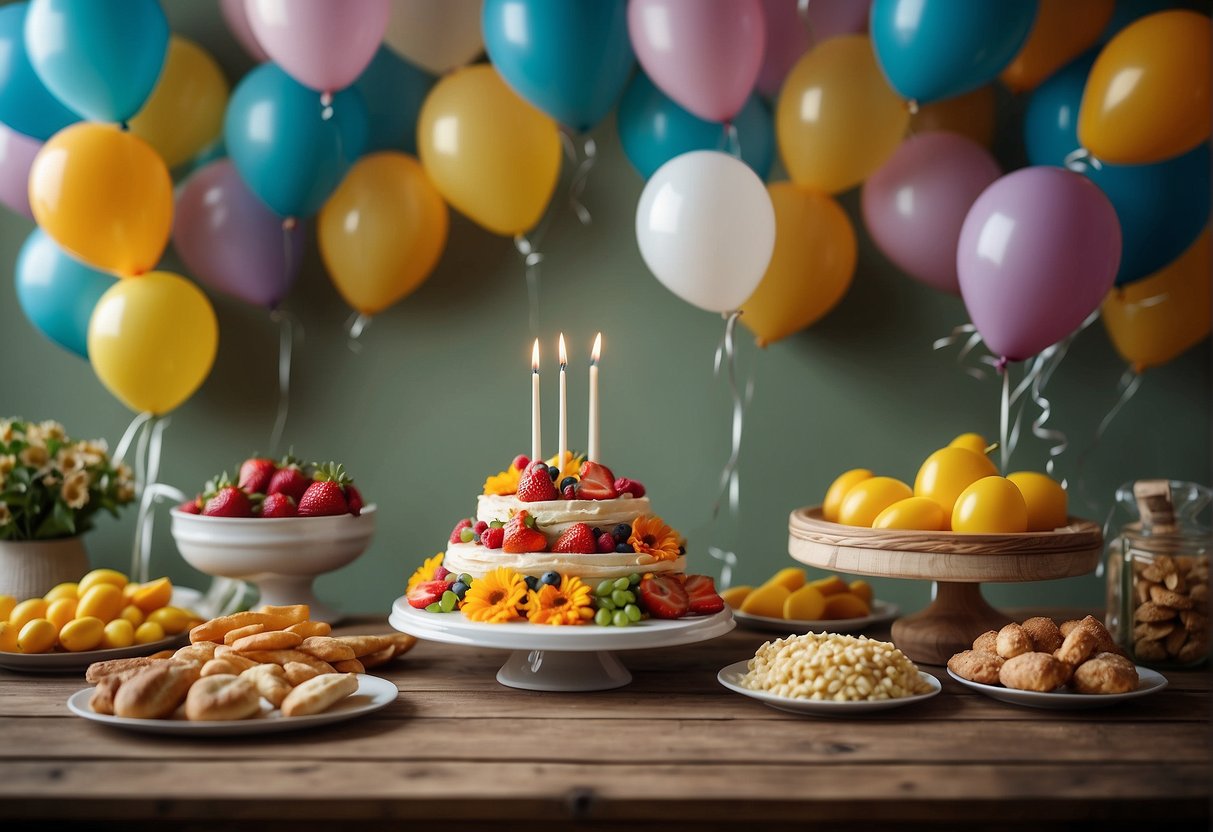 A table adorned with colorful flowers and healthy food. Balloons and banners celebrate 93 years of wisdom and vitality