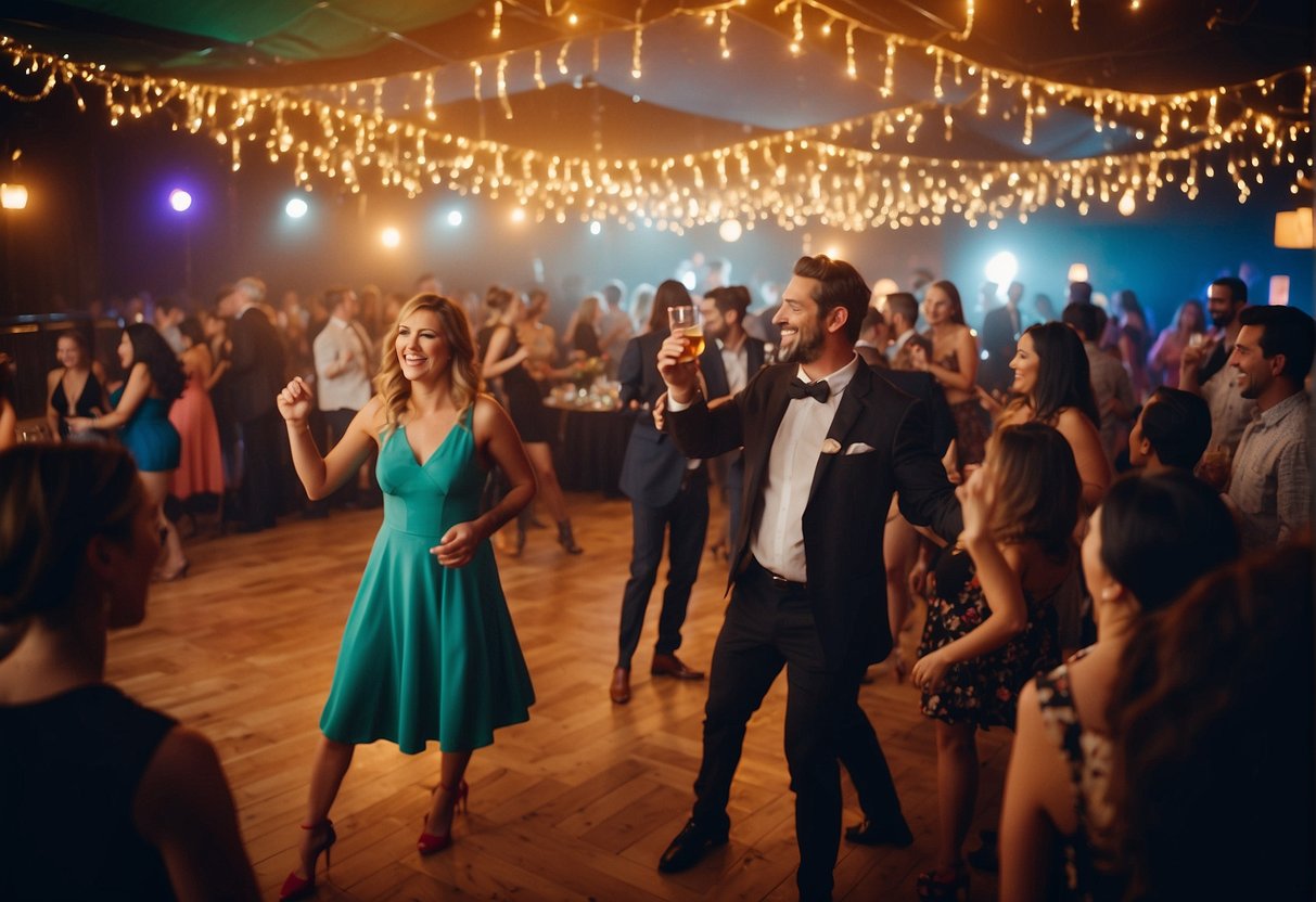 A lively party with colorful decorations, a vibrant dance floor, and a live band playing music. Guests are enjoying games, laughter, and delicious food