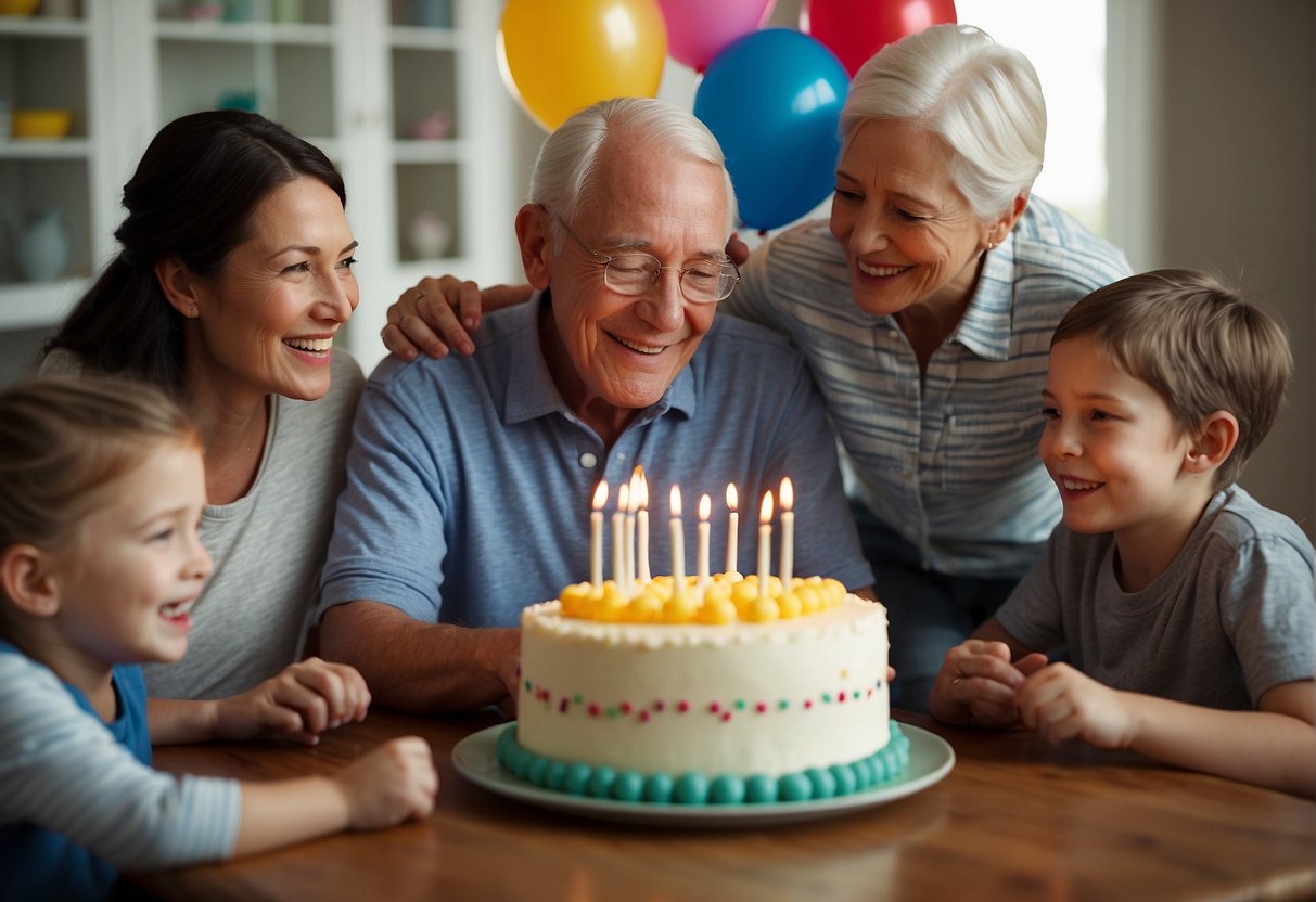 Family gathered around cake, balloons, and presents. Elderly person blowing out candles. Smiles, laughter, and celebration