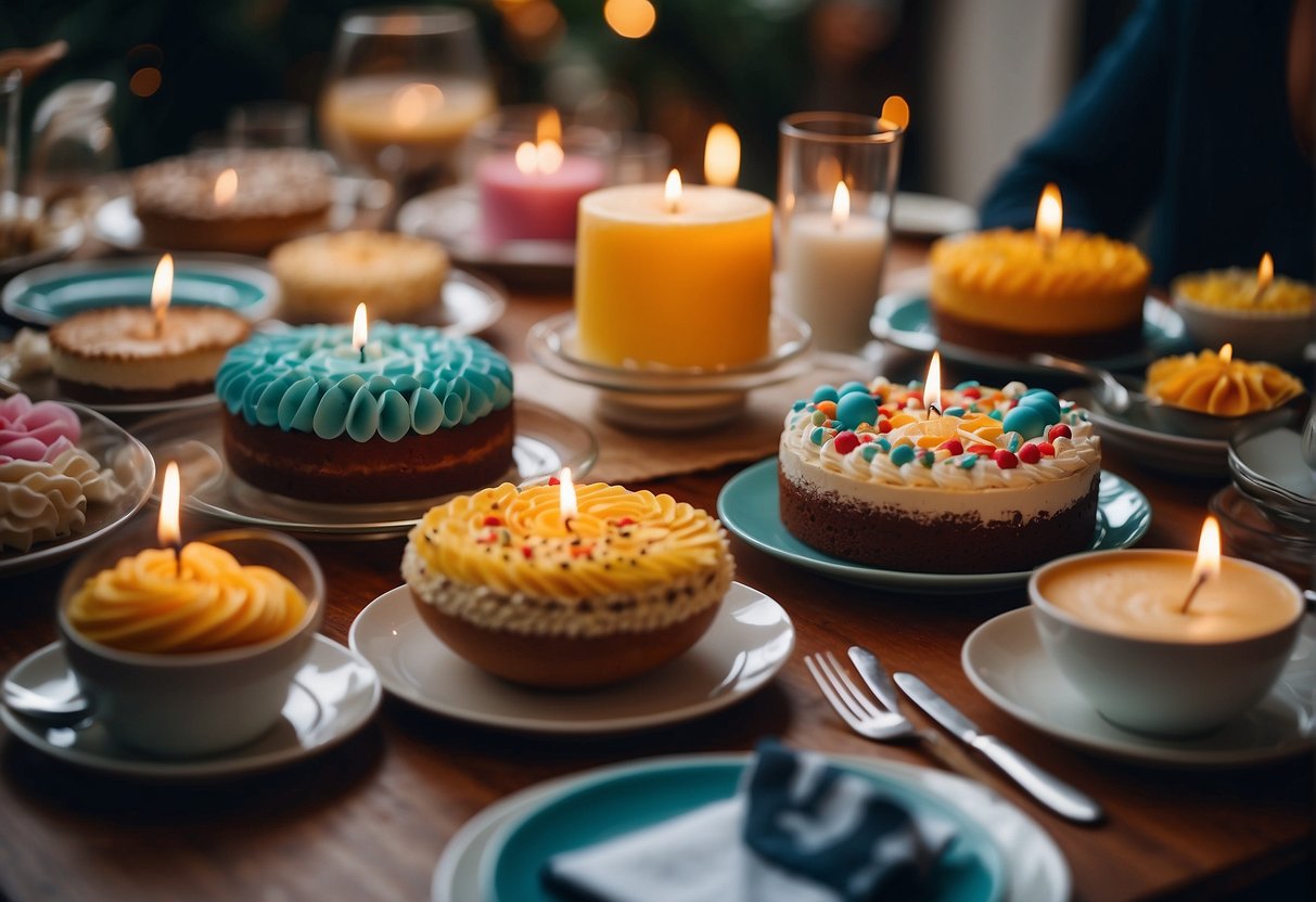 A table set with colorful decorations, a cake with 94 candles, and a group of friends and family gathered around, smiling and laughing