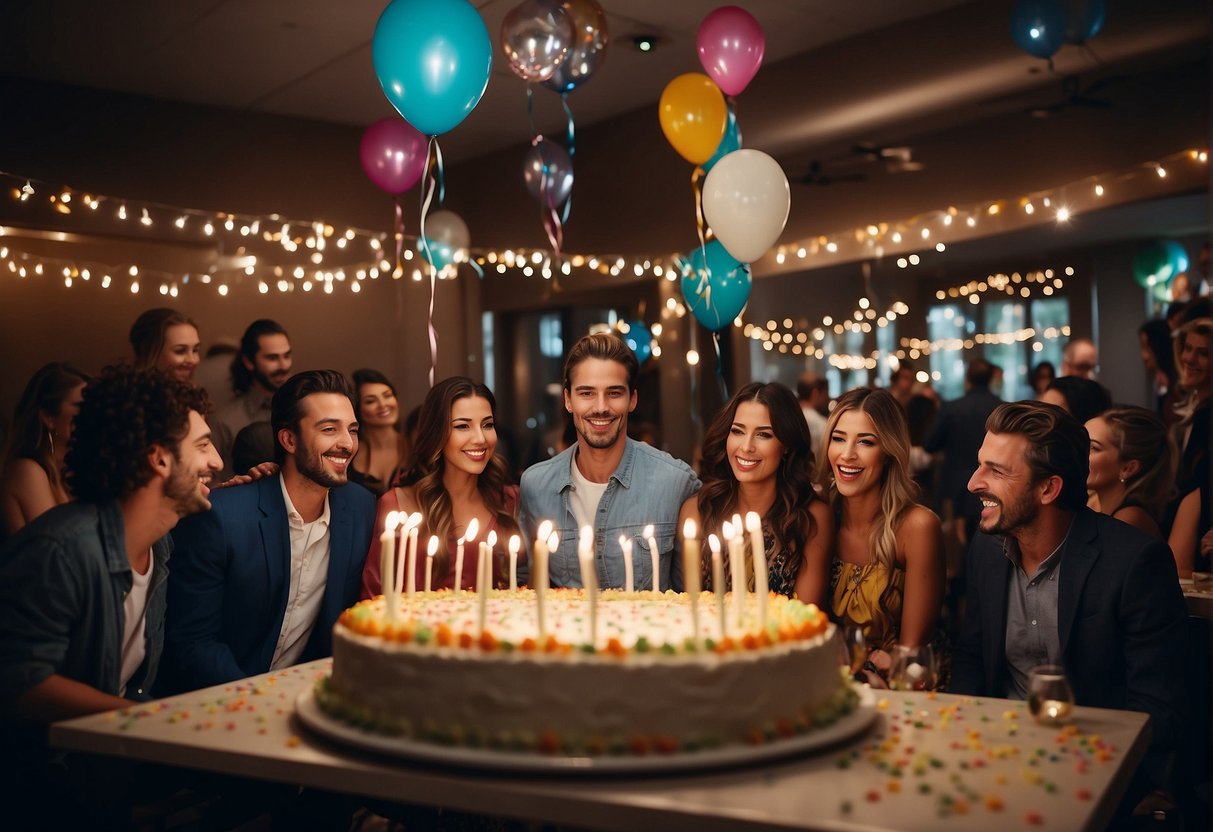 Guests gather around a long table filled with colorful decorations and a large birthday cake. A group of musicians play lively music in the background as people chat and laugh