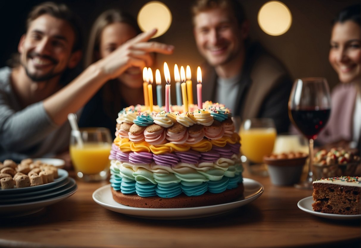 A table set with a colorful birthday cake, a pile of presents, and a group of smiling friends and family gathered around in celebration