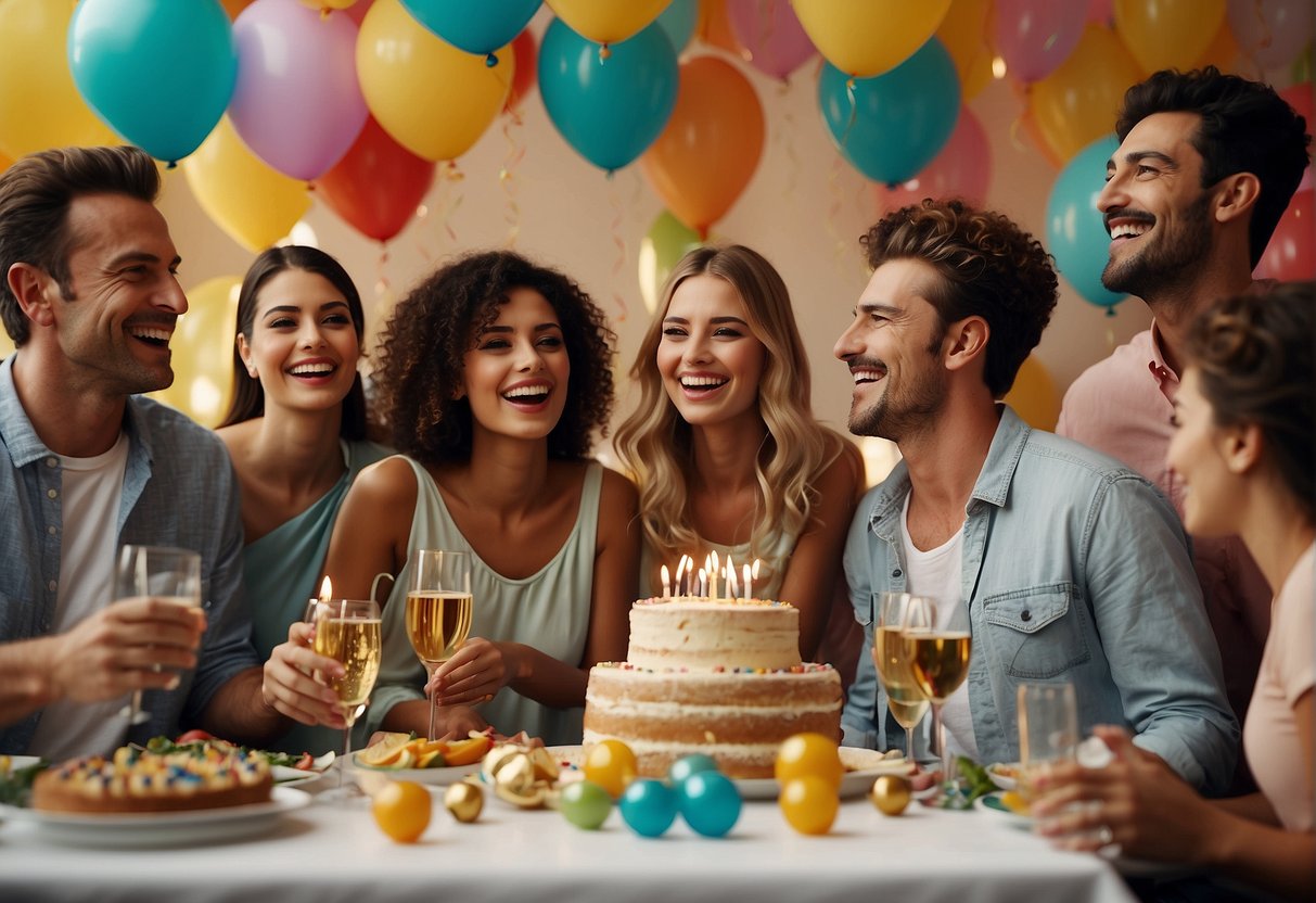 A lively party with balloons, confetti, and a large birthday cake surrounded by smiling friends and family. A banner reads "Happy 94th Birthday" while everyone raises a glass in celebration