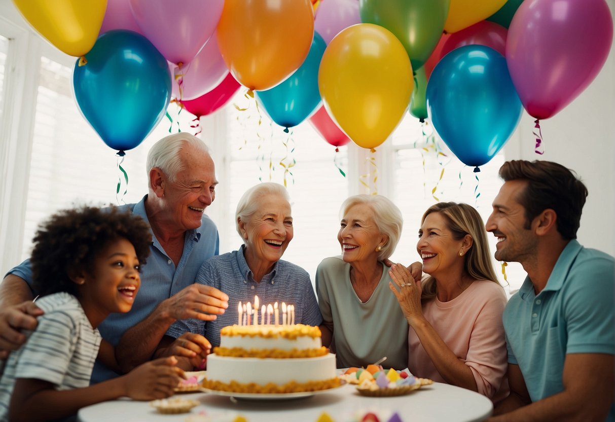 A group of family members and friends surround a table filled with colorful balloons and a large birthday cake. They are smiling and laughing, sharing stories and exchanging gifts to celebrate the 94th birthday of a loved one