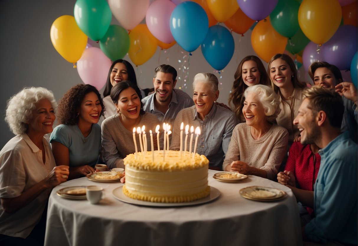 A group of people gathered around a table with balloons and a large birthday cake. A banner reads "Happy 95th Birthday" as the group sings and celebrates