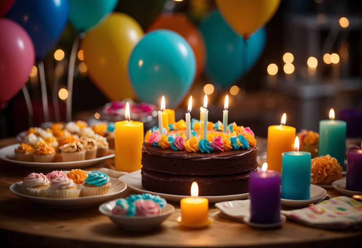 A table filled with colorful decorations, a cake with "95" candles, and a group of smiling faces discussing party games and entertainment