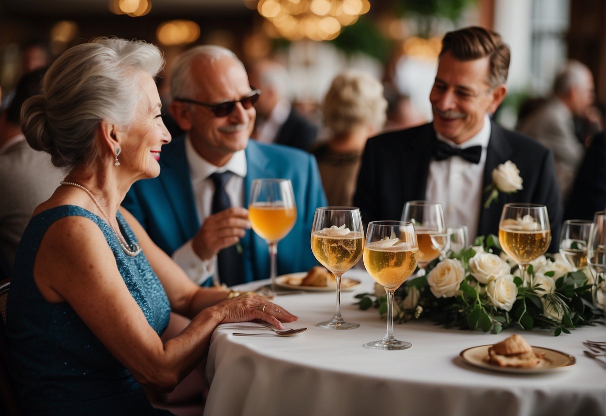 Guests wearing formal attire, mingling and enjoying cocktails at a 95th birthday celebration. Tables adorned with elegant centerpieces and a festive ambiance