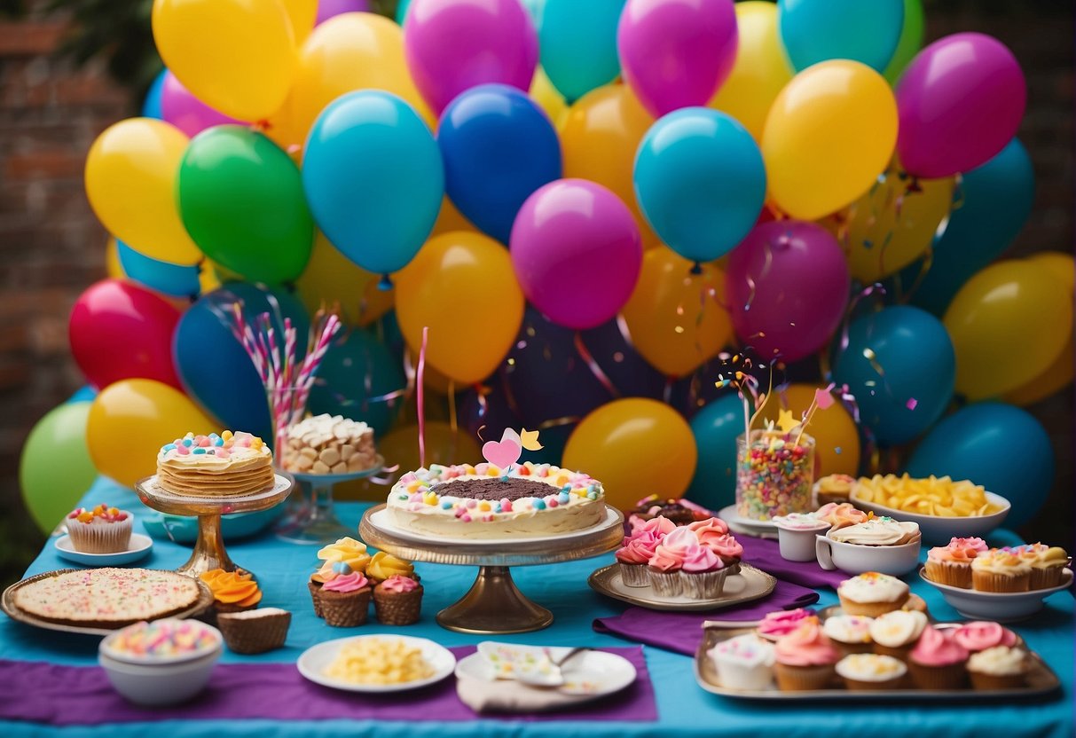 A table set with colorful invitations and subscription forms for a 95th birthday celebration, surrounded by balloons and confetti