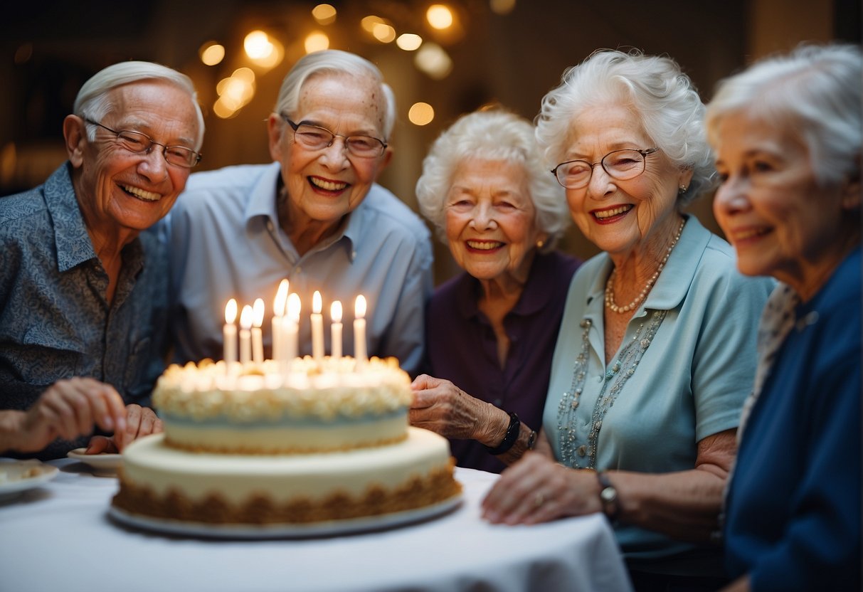 A group of elderly individuals celebrate a 95th birthday, overcoming technical issues to enjoy activities like games, music, and cake