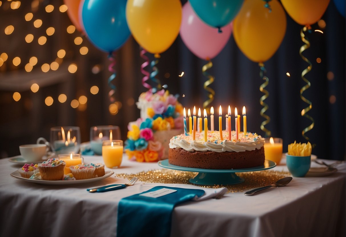 A table adorned with colorful decorations, a large cake with 96 candles, and a banner reading "96th Birthday Bash" hanging in the background