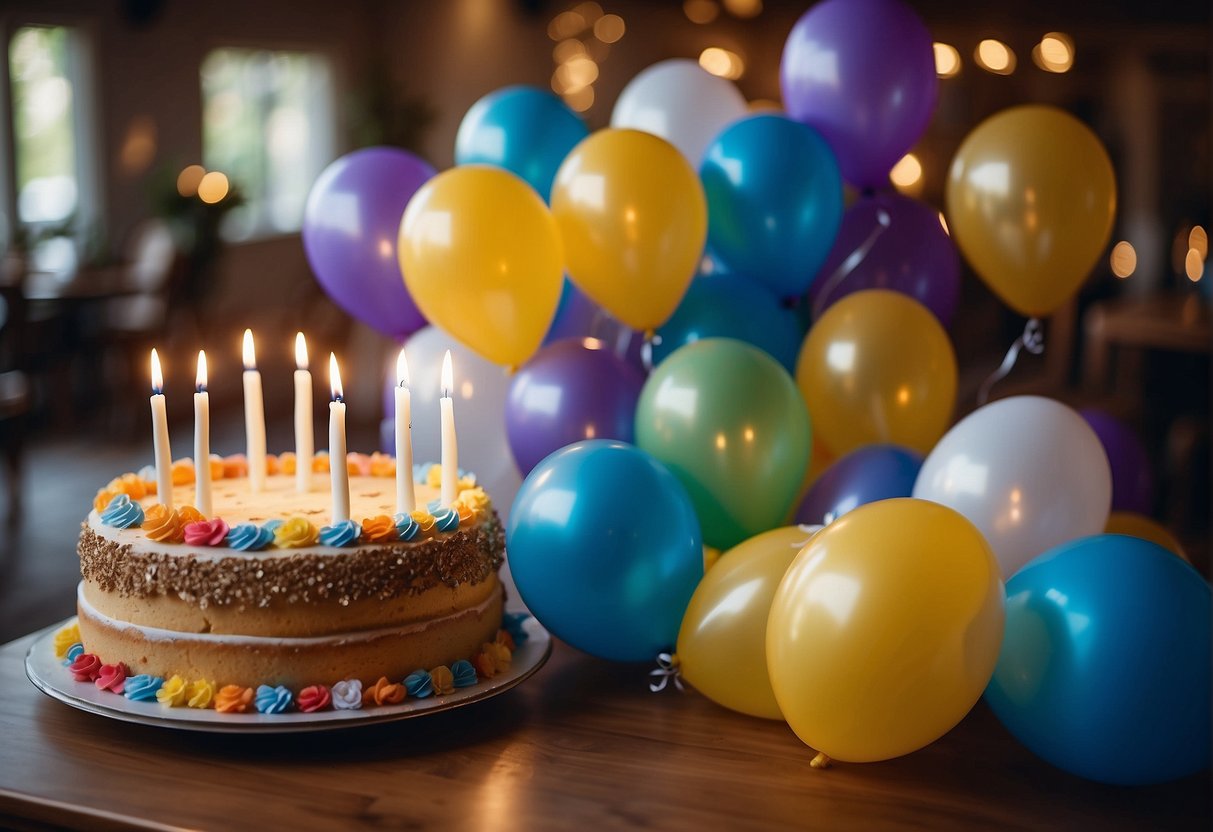 A lively 96th birthday celebration with games, music, and dancing. Decorations and balloons fill the room, and a cake with candles is ready to be lit