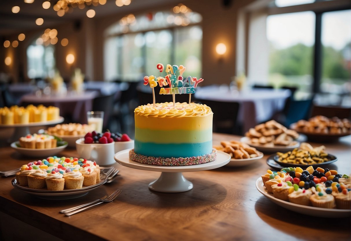 A colorful birthday cake sits on a table surrounded by various catering options. A banner reading "96th Birthday Activities" hangs in the background