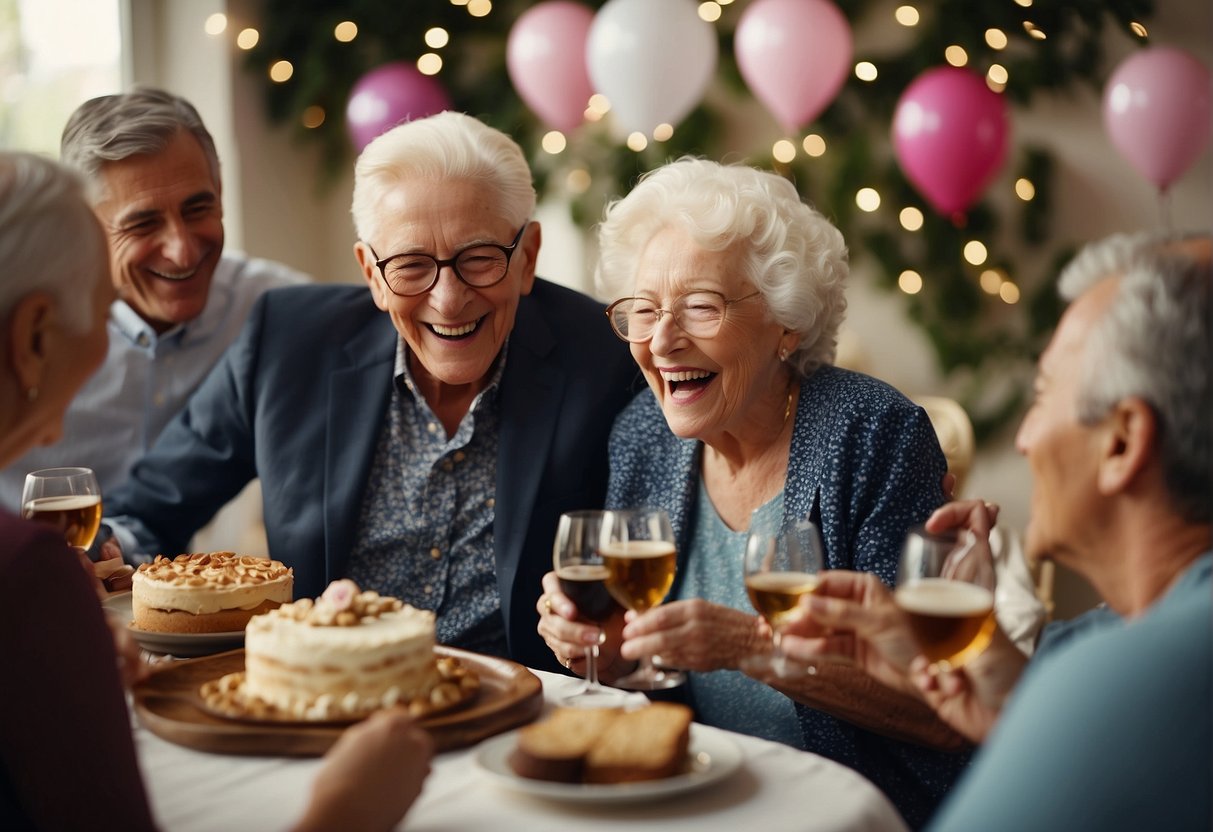 Elderly individuals laughing and chatting at a beautifully decorated party table, surrounded by family and friends, enjoying cake and exchanging heartfelt stories