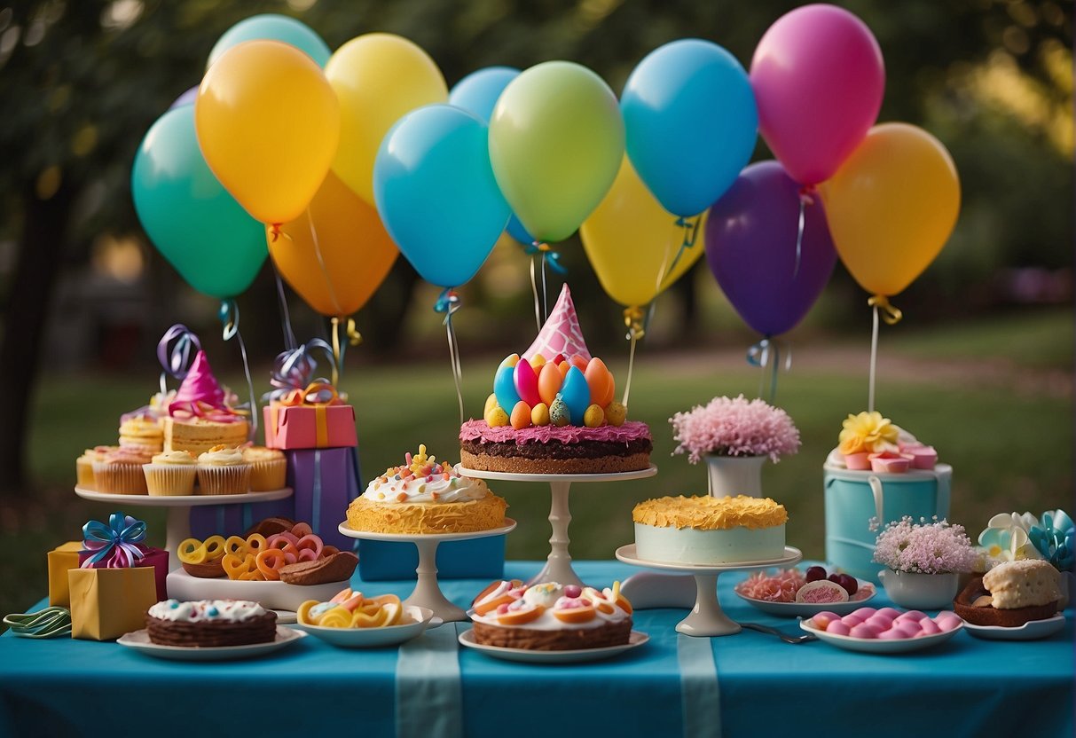 A colorful array of balloons, a festive banner, and a table adorned with a variety of unique gifts for a 97th birthday celebration