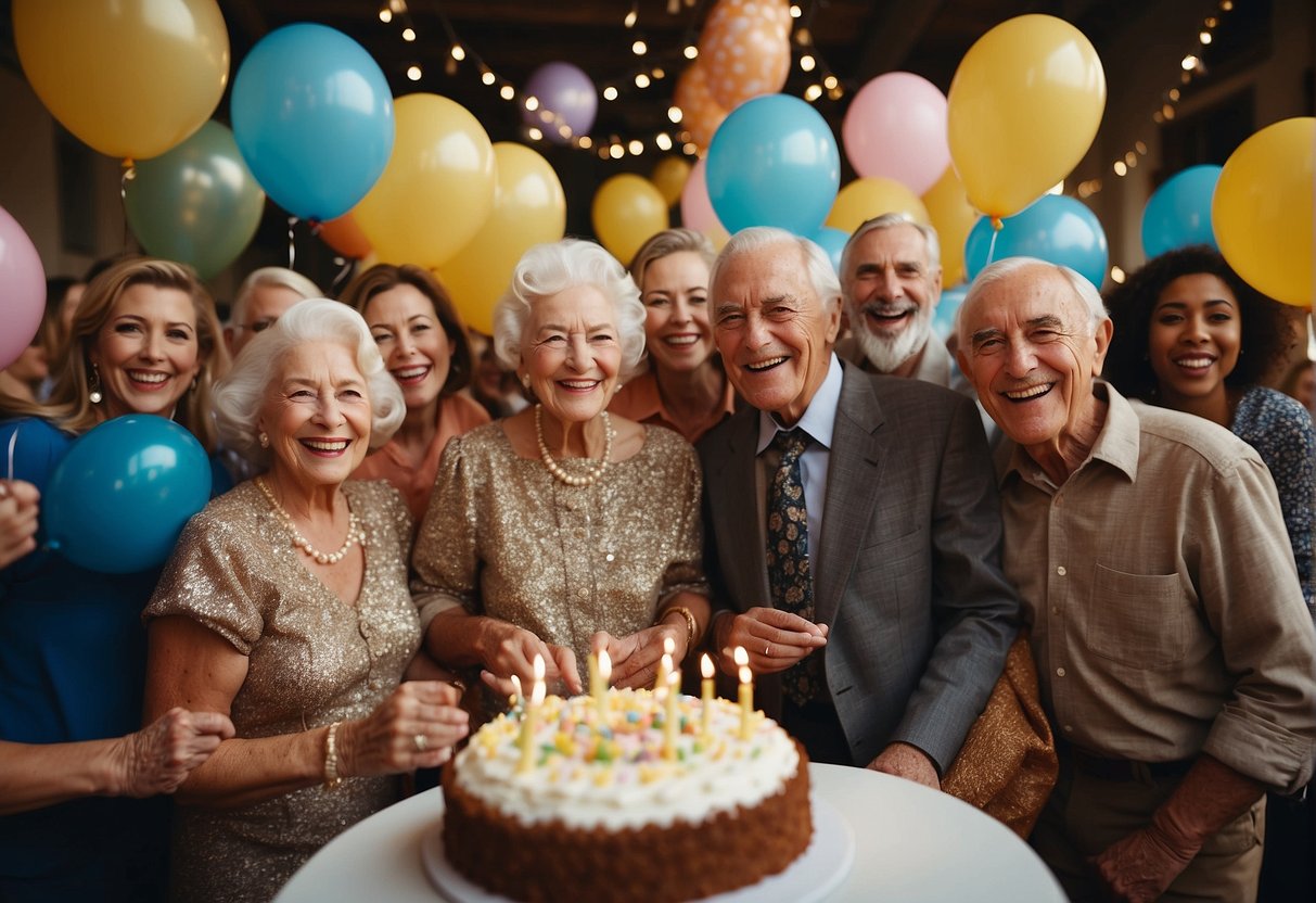 A lively 97th birthday celebration with balloons, confetti, and a large cake surrounded by smiling guests. Music, dancing, and games add to the festive atmosphere