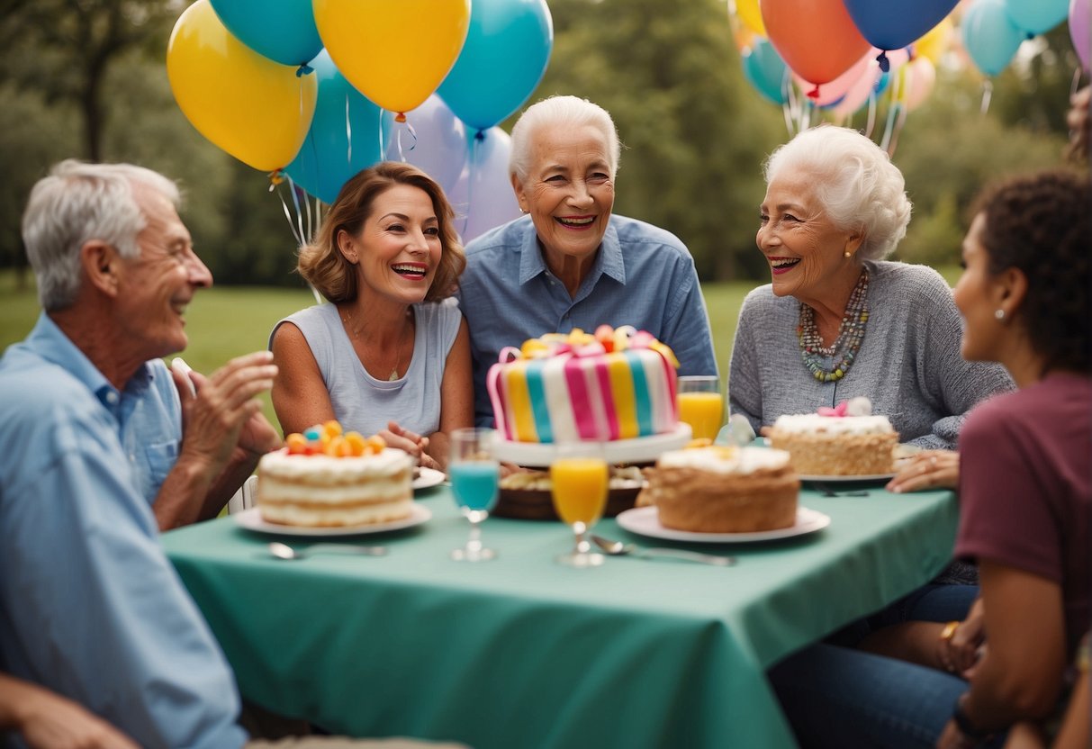 A colorful table set with balloons, cake, and presents. A group of people laughing and chatting, celebrating a 97th birthday