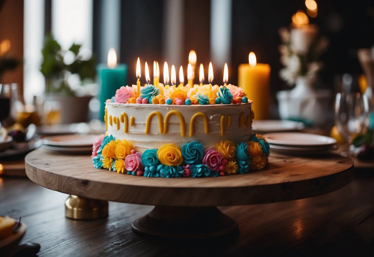 A table set with colorful decorations, surrounded by smiling faces. A birthday cake with 97 candles, and a group of loved ones gathered around, sharing stories and laughter