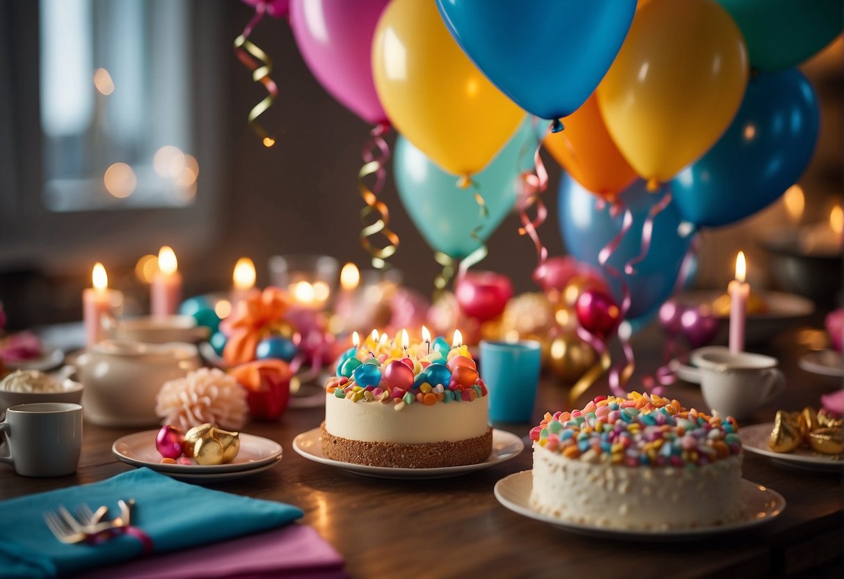 A table set with a colorful array of balloons, streamers, and a birthday cake with 98 candles lit. Gifts wrapped in festive paper are piled nearby