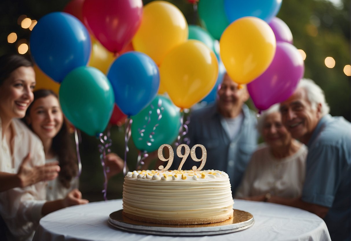 The 98th birthday celebration includes a large cake, balloons, and a banner with "Happy 98th Birthday" written on it. Family and friends gather around to honor the historical significance of the milestone