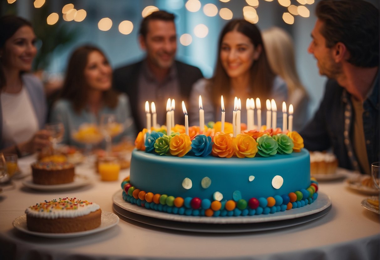 A table adorned with colorful decorations and a large cake, surrounded by friends and family, as they plan the activities for a 98th birthday celebration