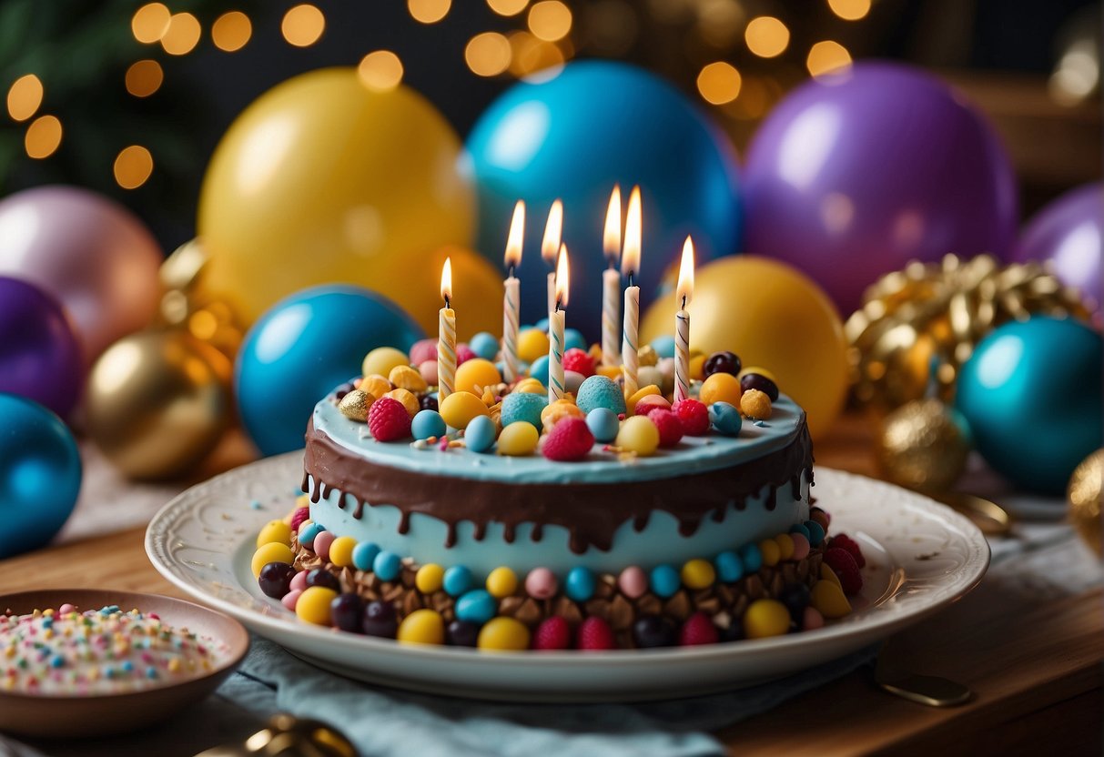 A table adorned with a colorful array of birthday gifts and a decadent cake, surrounded by festive decorations