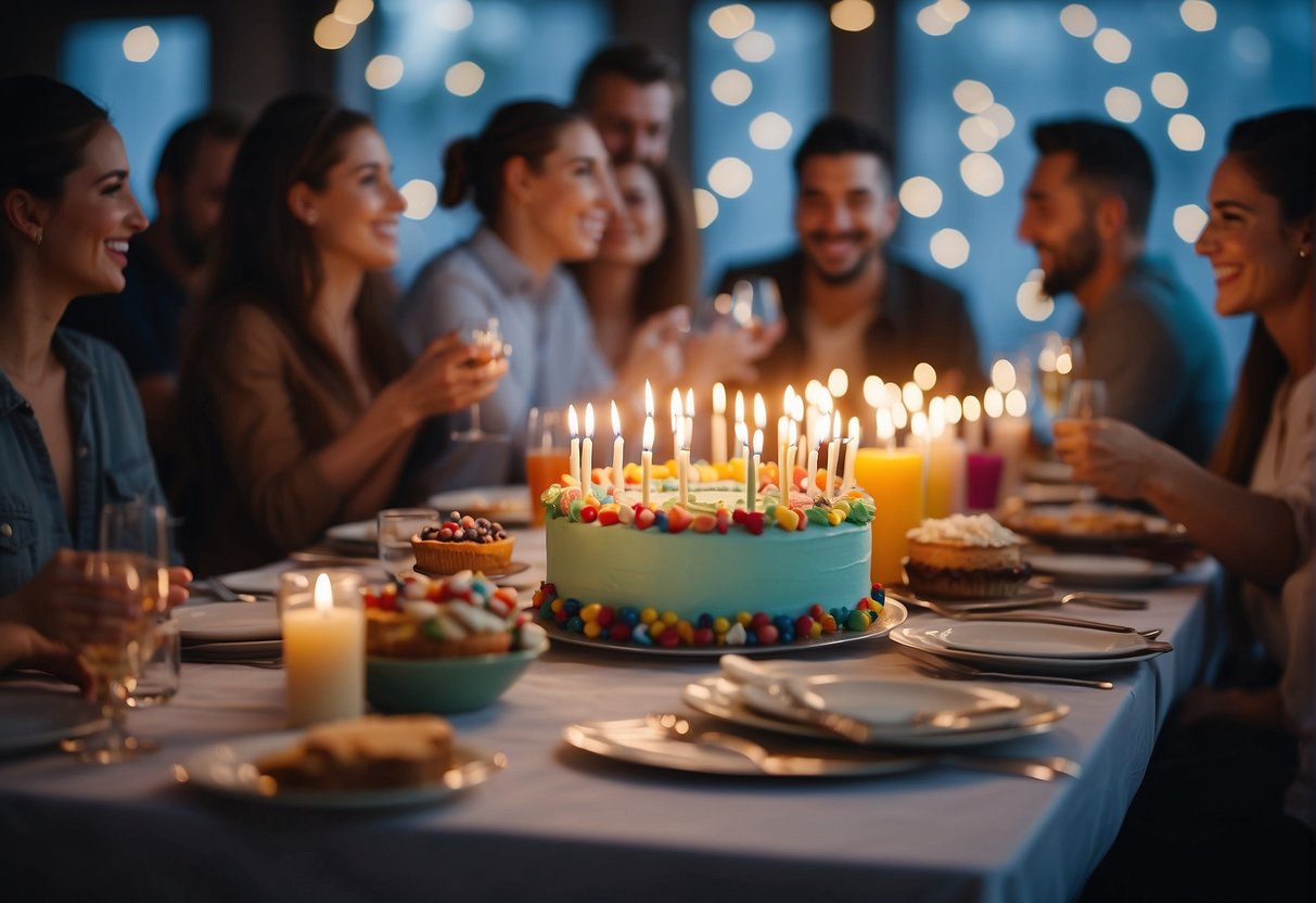 A table set with colorful decorations, a cake with 98 candles, and a group of smiling friends and family gathered around to celebrate