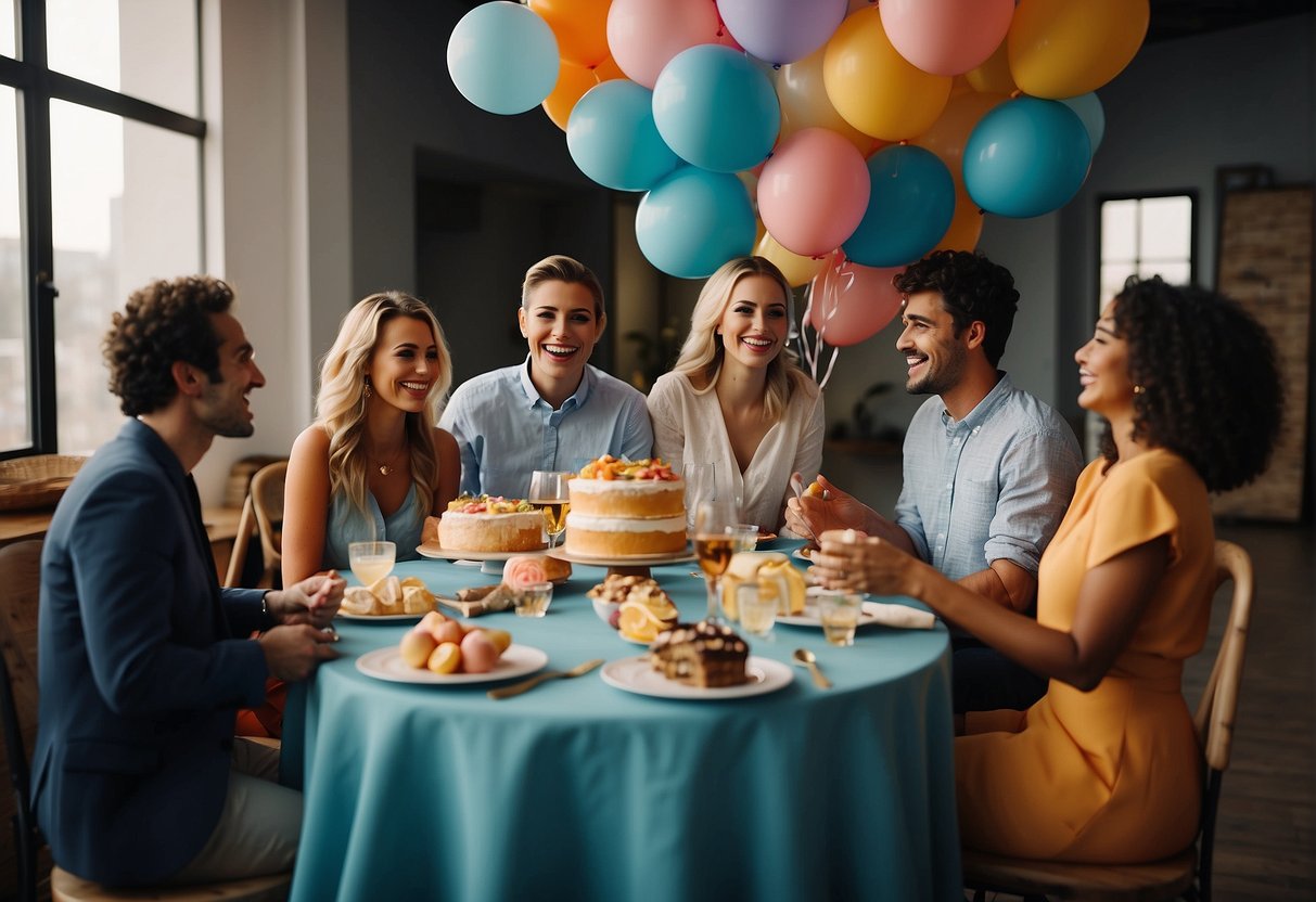 A colorful table set with balloons, cake, and presents. A group of smiling people gather around, laughing and chatting