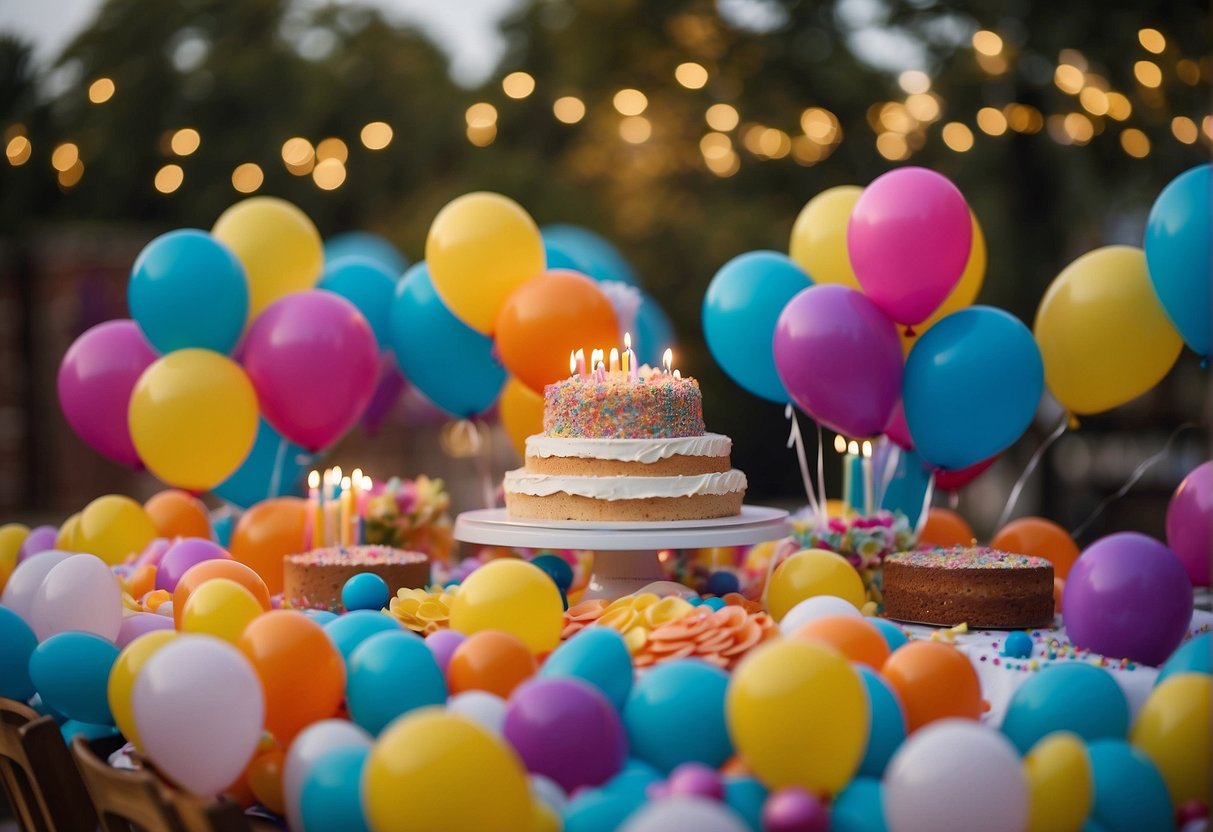 A table set with a colorful array of balloons, confetti, and a large birthday cake with 99 candles. Gifts and cards surround the table, while a group of friends and family members gather in celebration