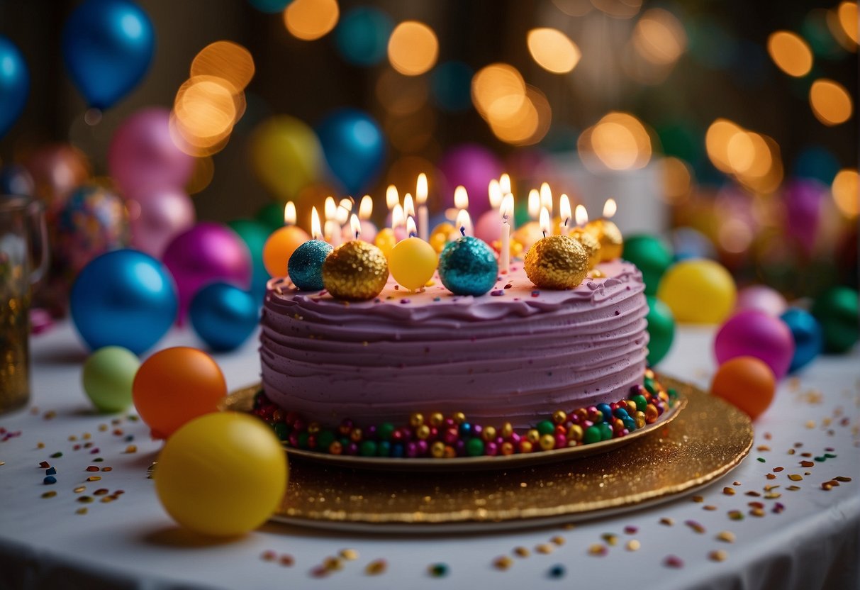 A table covered in colorful decorations, with a cake in the center and party favors scattered around. A group of people are gathered around, discussing plans and ideas for the 99th birthday celebration