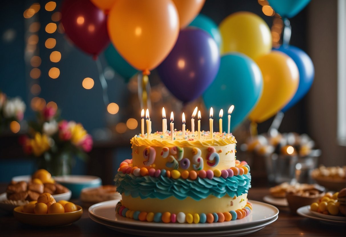 Colorful decorations adorn a lively party with balloons, streamers, and a festive cake. Guests gather, laughing and chatting, as a banner proclaims "Happy 99th Birthday!"