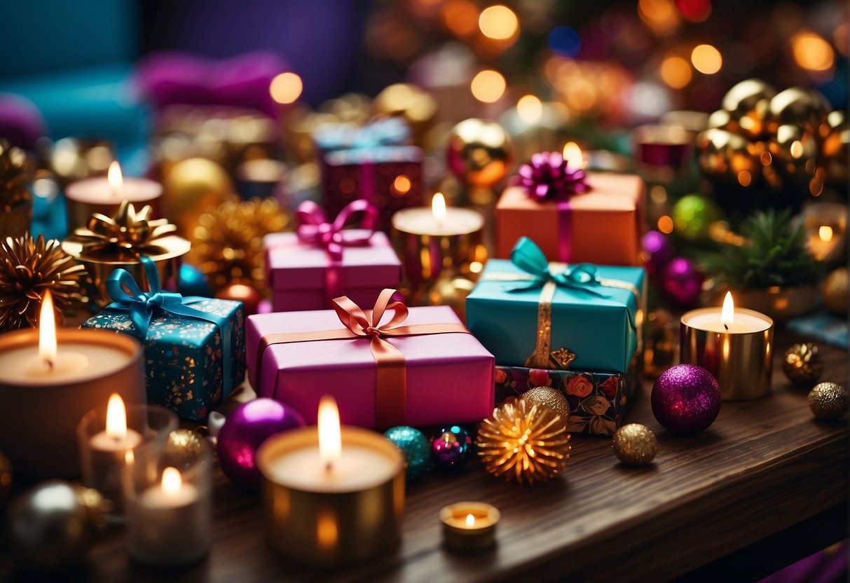 A colorful array of 99 unique gift ideas spread across a table, surrounded by festive decorations and birthday-themed activities