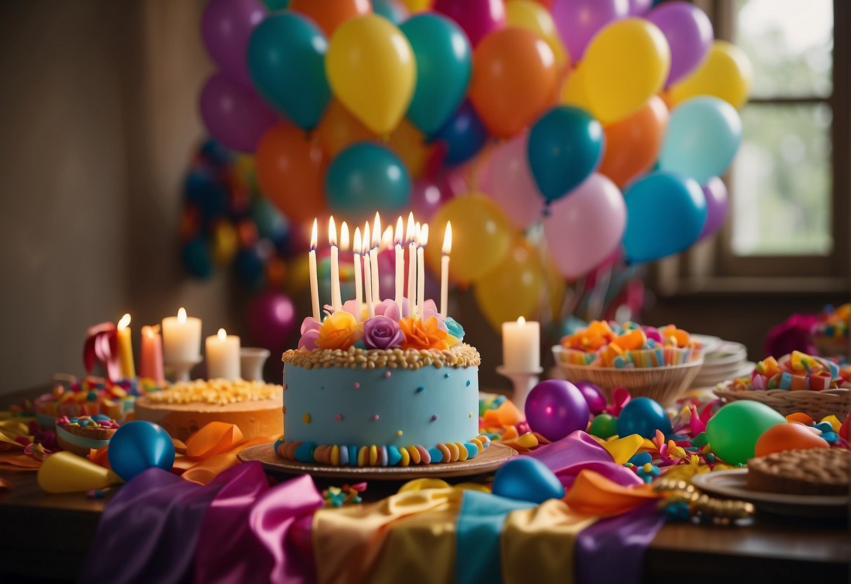 Colorful balloons, streamers, and banners decorate the room. A large cake with "99" candles sits on the table. Party hats and noise makers are scattered around