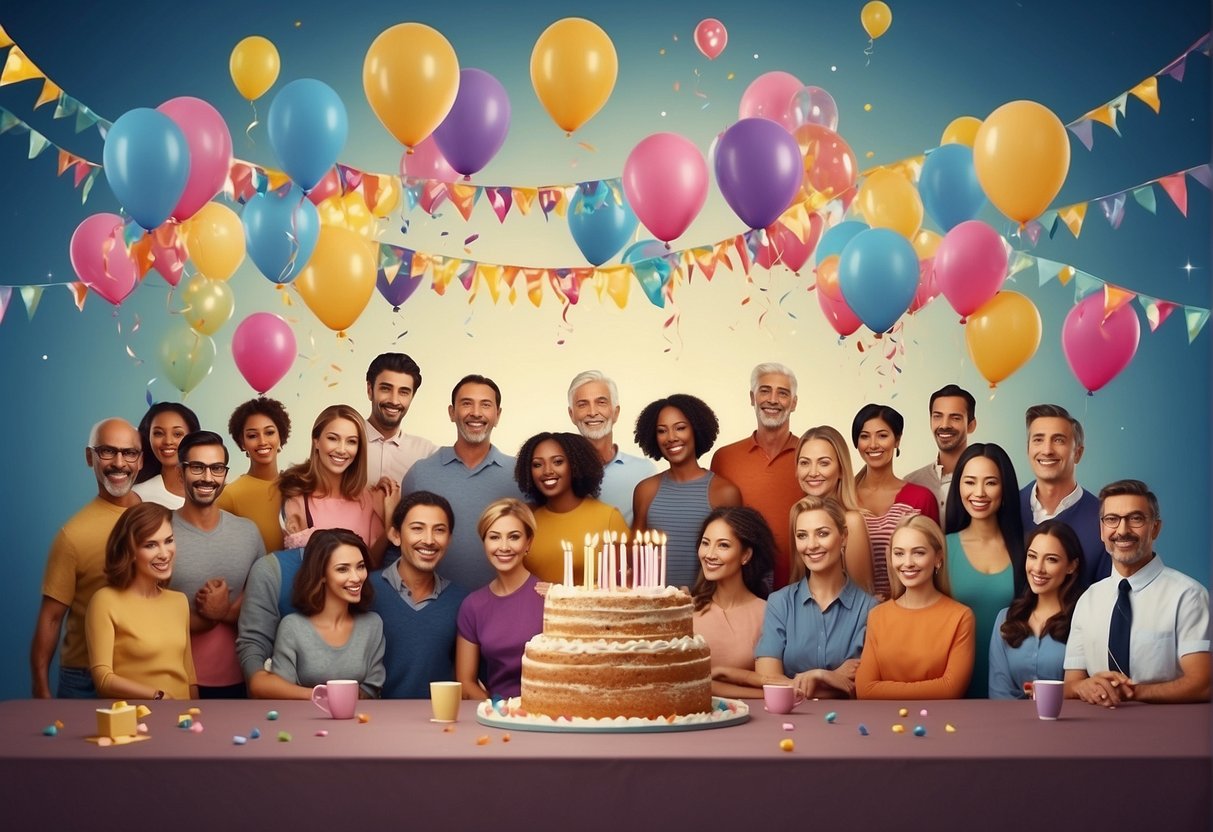 A group of people gathered around a large birthday cake, with balloons and streamers decorating the room. A banner reading "100th Birthday" hangs on the wall