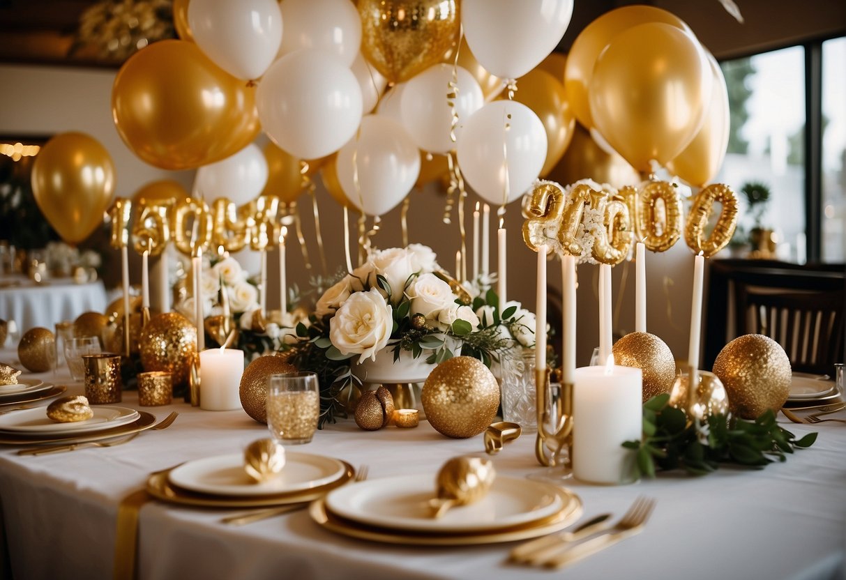 Guests gather around a table, adorned with elegant decorations and a large "100" centerpiece. Balloons and streamers in gold and white fill the room, creating a festive atmosphere. A cake sits in the center, beautifully decorated with the theme