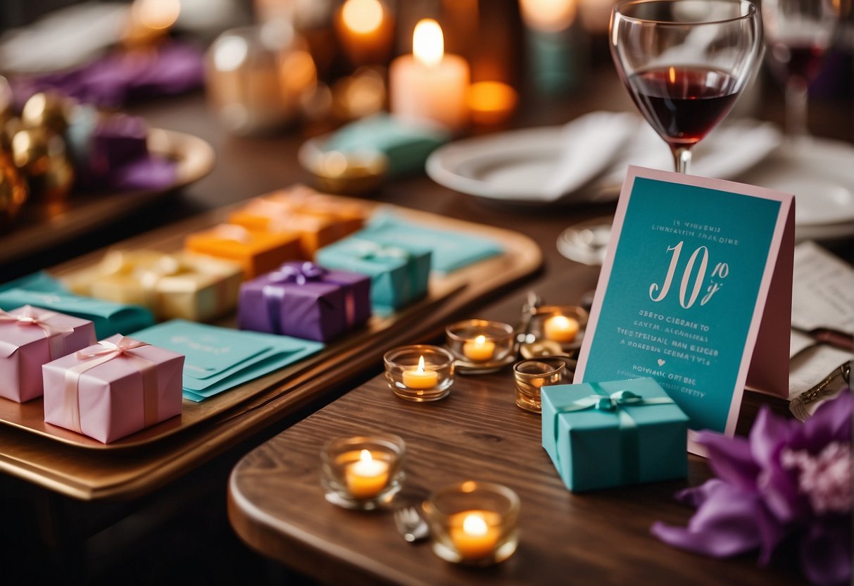 Colorful invitations being crafted with care for a 100th birthday celebration. Tables strewn with paper, pens, and decorations. Warm, inviting atmosphere