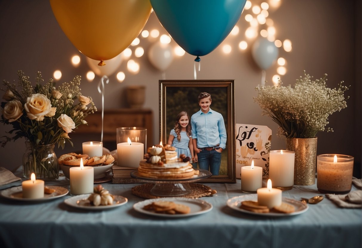 A table adorned with family photos, vintage trinkets, and a handmade banner. Balloons, flowers, and a cake with "100" candles