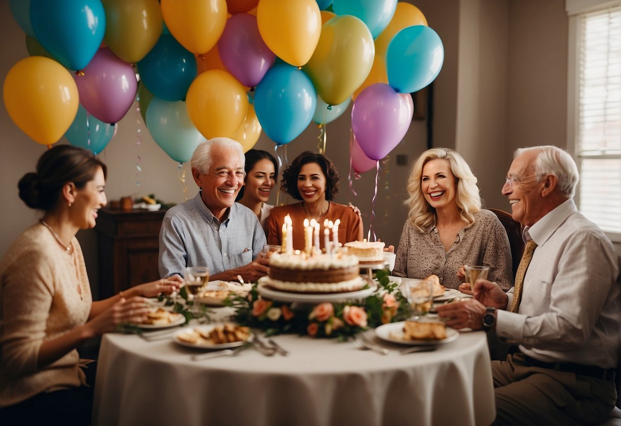 A group of people gather around a beautifully decorated table, smiling and laughing as they celebrate a 100th birthday with balloons, cake, and presents