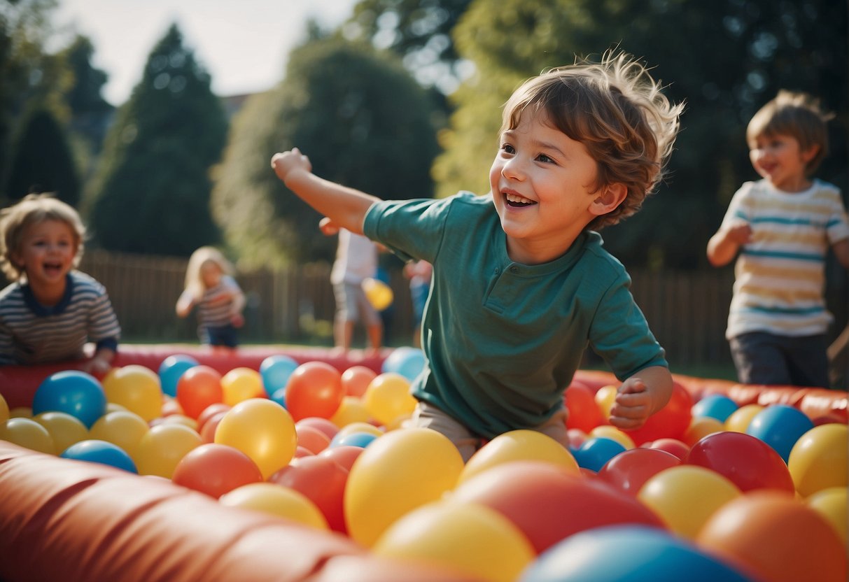 Children playing games, bouncing on a bouncy castle, and going on a treasure hunt at a birthday party