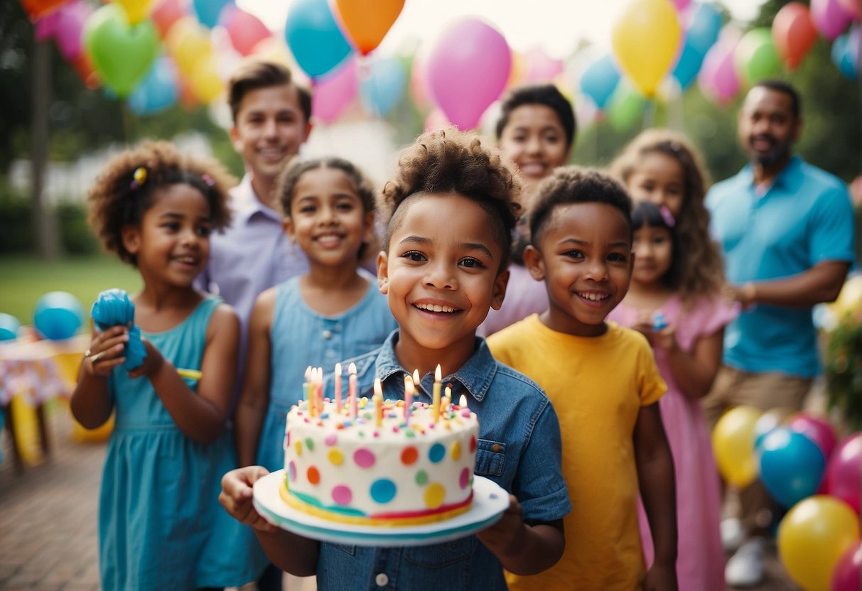 A diverse group of children participate in inclusive birthday activities, such as games and crafts, at a colorful party venue