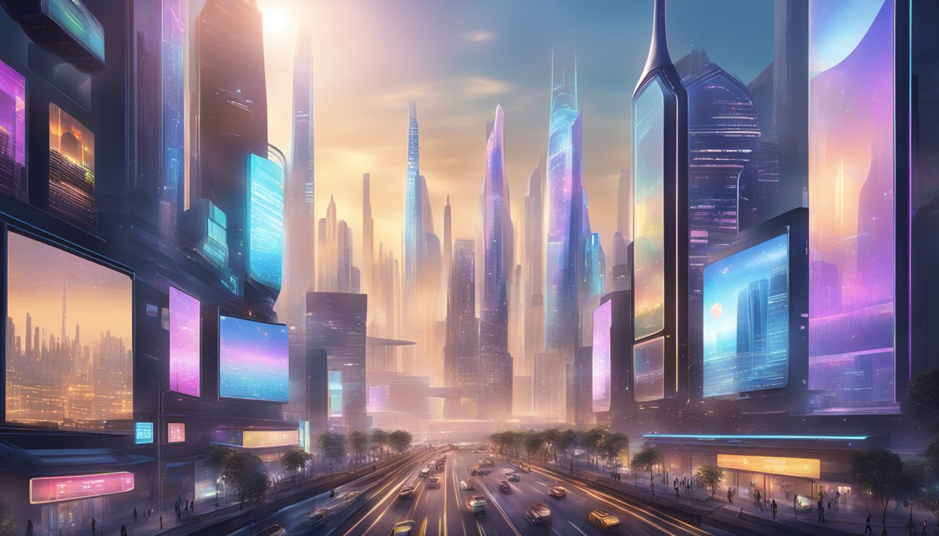 A futuristic city skyline with digital billboards and holographic advertisements, showcasing the integration of technology and marketing