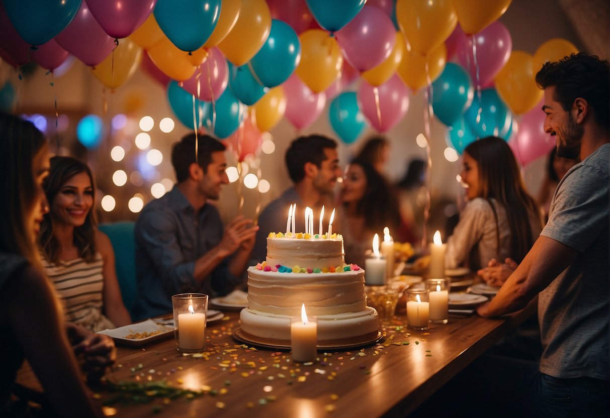 Colorful balloons fill the room, presents are piled high, and a cake with lit candles sits on the table. Streamers and confetti decorate the space, while friends and family gather to celebrate