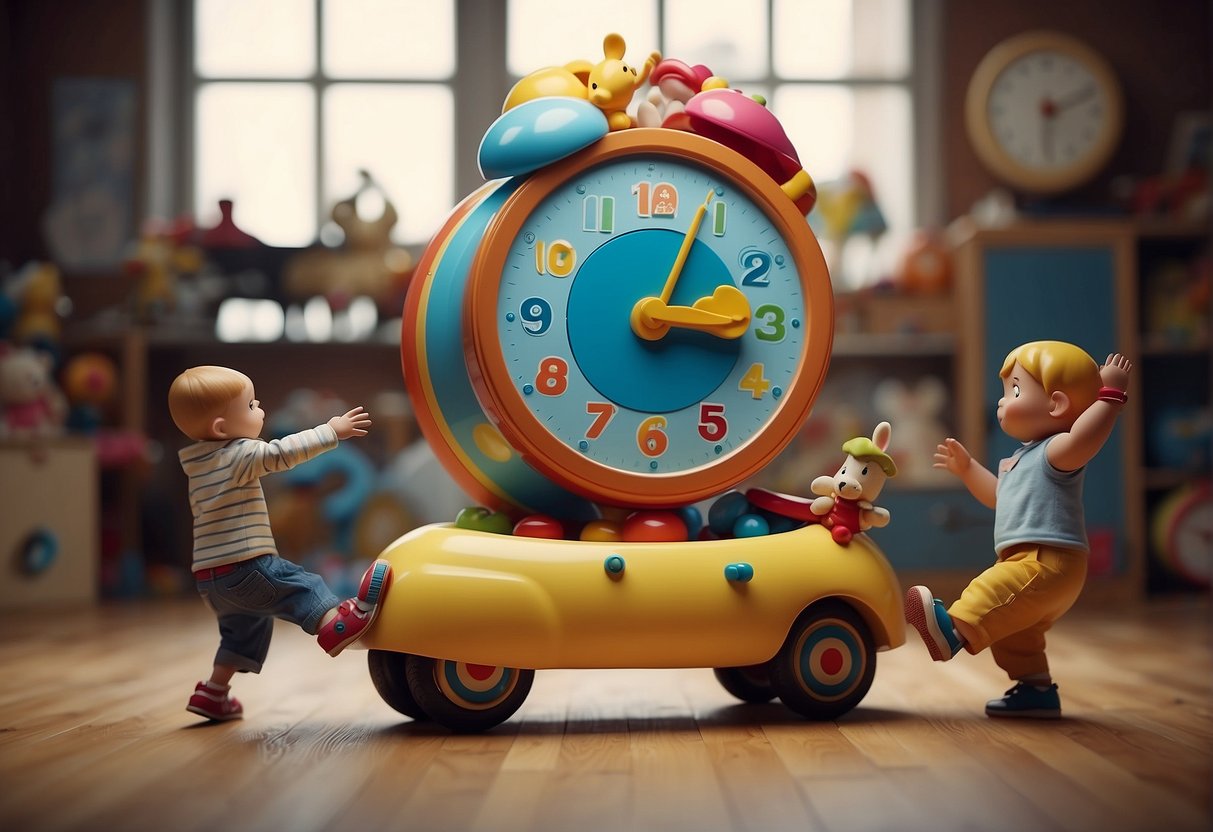 Children dancing around a large, colorful shoe filled with toys. An oversized clock striking one with a mouse running up