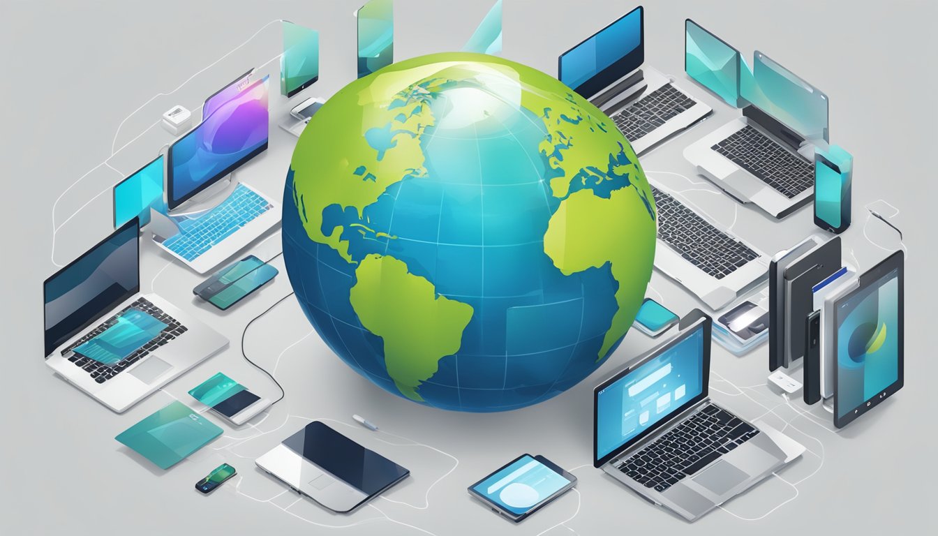 A globe surrounded by digital devices, representing global reach and accessibility of digital marketing for businesses