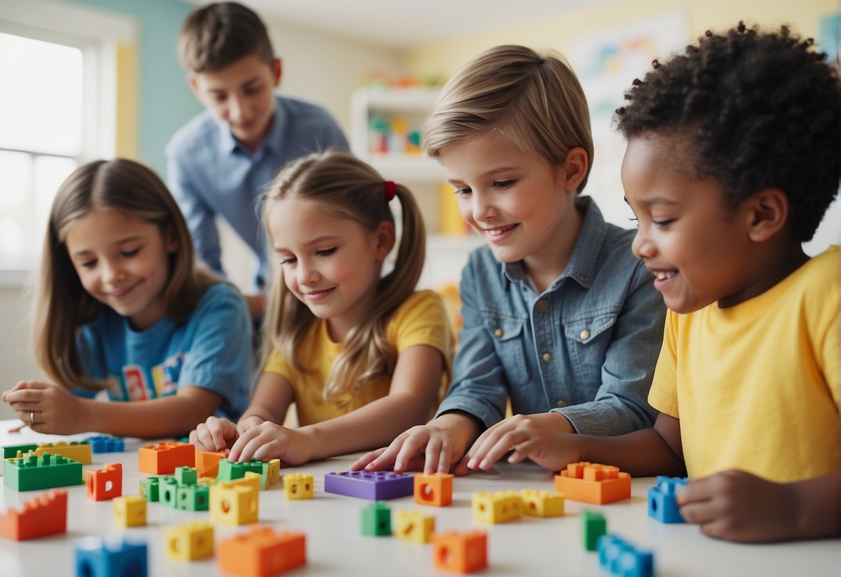 A group of children engaging in hands-on math and science activities, using rhymes to learn and explore. Materials such as counting blocks, measuring tools, and colorful illustrations are scattered around the room