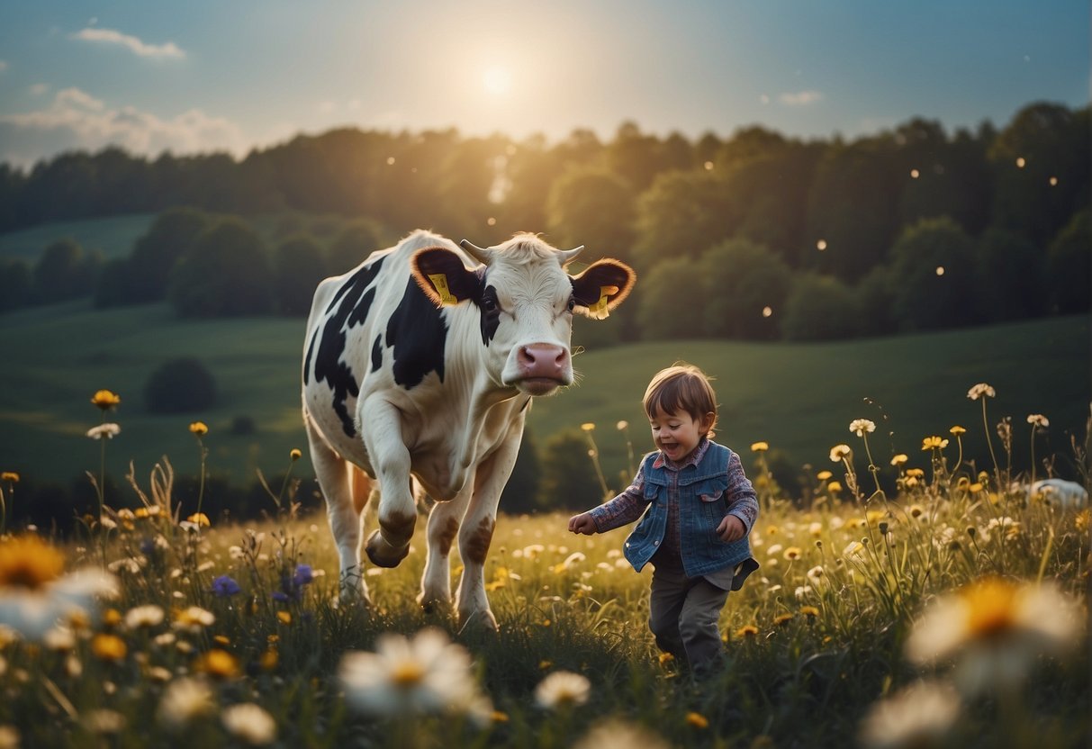 A cow jumping over the moon, a dish running away with a spoon, and a little boy blue blowing his horn in a field of flowers