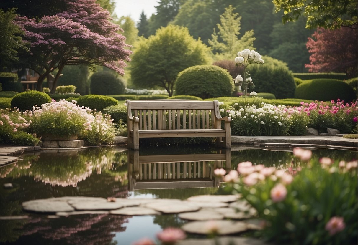 A serene garden with a cozy bench, blooming flowers, and a tranquil pond for quiet time and reflection on Mother's Day